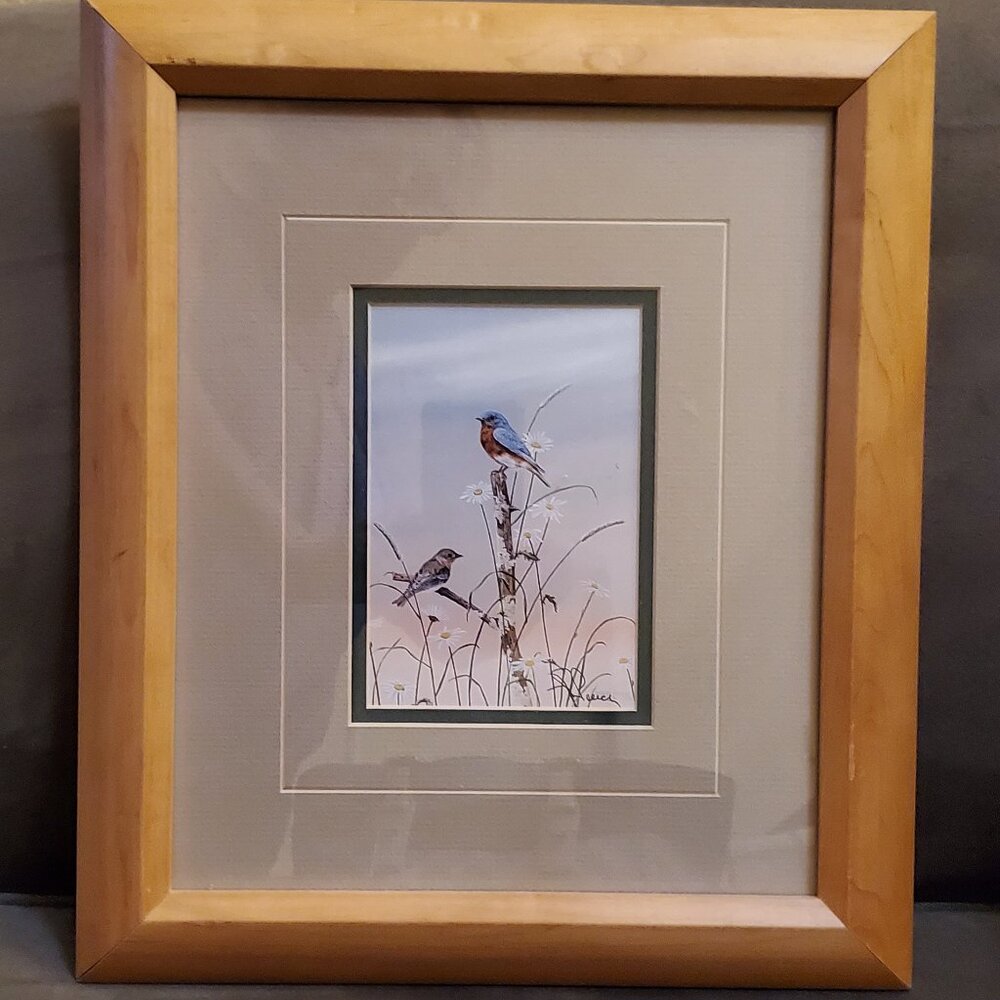 "Bluebirds & Daisies" Small Framed Print By Robert Pence